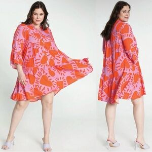 Pink and Orange Printed Long Sleeve Swing Dress